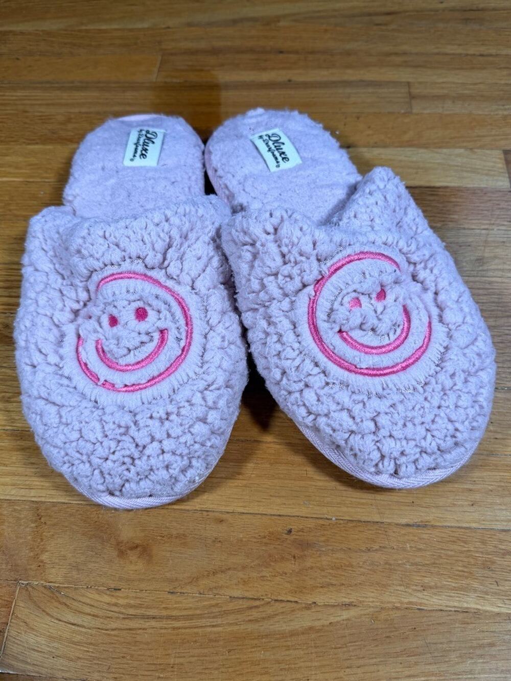 DLuxe By Dearfoams Slippers Women XL 11-12 Happy Face Light Pink